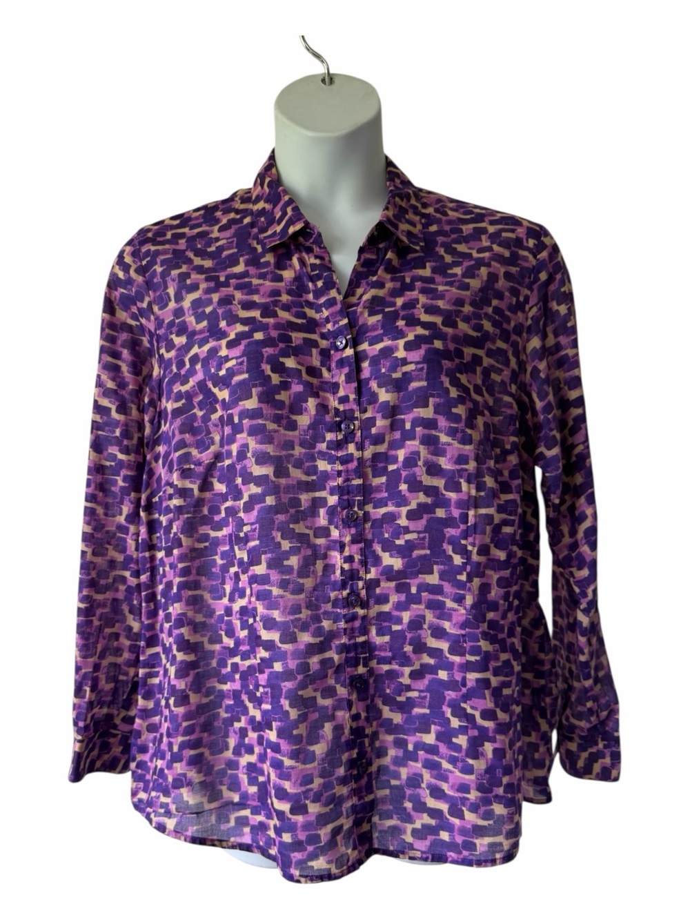 Coldwater Creek No Iron Button Up Shirt Plus Sz 2X Purple Print Semi Fitted LS